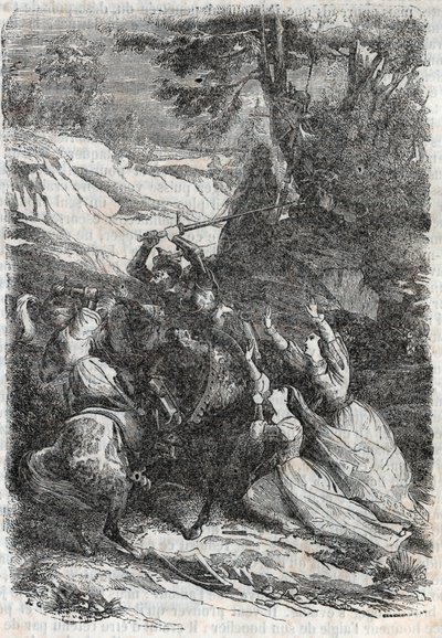 Doralice en Isabelle willen Mandricard en Zerbin scheiden - gravure van 1851 uit 