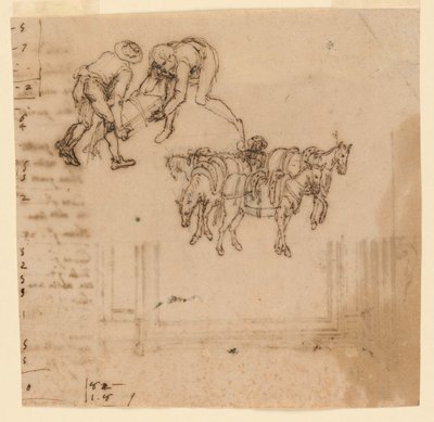Tekening: A) Twee Mannen die een Koffer Dragen; Vier Muilezels met een Voerman. B) Ontwerp voor een Lijst door Unknown artist