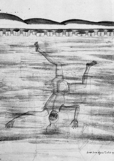 Tekening uit de 15e eeuw die een man toont die met een soort masker het water ingaat door Unknown artist