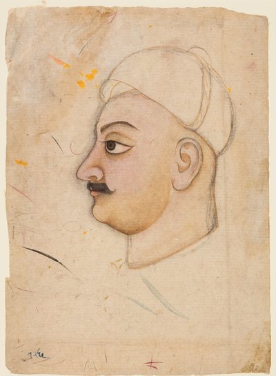 Tekening van een mannenhoofd met een ongebruikelijke tulband door Unknown artist