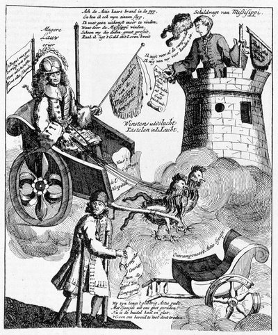 Nederlandse satirische prent tegen John Law (1671-1729), over de Mississippi-zaak door Unknown artist