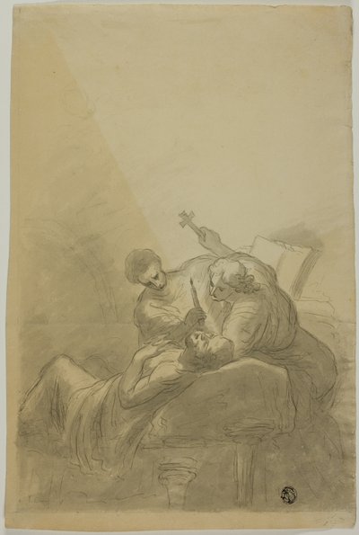 Stervende man bijgestaan door twee figuren met kaars, boek en kruis door Unknown artist