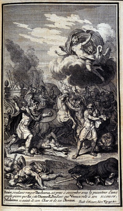 Enee, die Pandaros wil wreken, staat op het punt te bezwijken onder het gewicht van een grote steen die Diomede gooit. Terwijl Venus hem te hulp schiet, grijpt Sthelenos zijn wagen en paarden. Illustratie van boek V van de Ilias van Homerus, Franse editie door Unknown artist