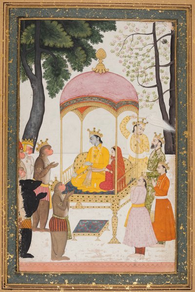 Enthroned Rama en Sita ontvangen eerbetoon van hun aap- en berenbondgenoten door Unknown artist