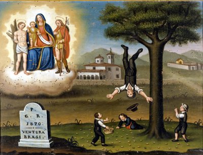 Val van een boom. Linksboven de Madonna tussen San Sebastian en San Roch. Ex voto uit 1870 door Unknown artist