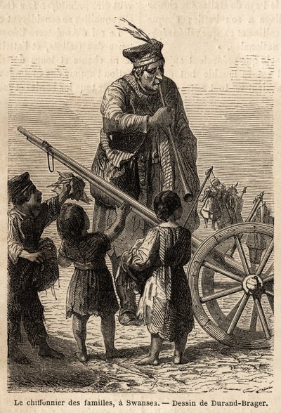 Familieruzie in Swansea. Tekening door Durand Brager, ter illustratie van een bezoek aan de grote fabrieken in Wales in 1862, door L. Simonin. Gravure in 