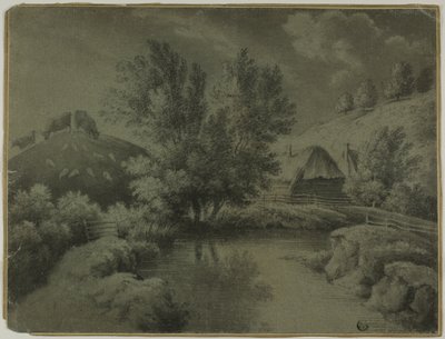 Boerderij met Vijver op de Voorgrond, Koeien Grazend op de Heuvel door Unknown artist