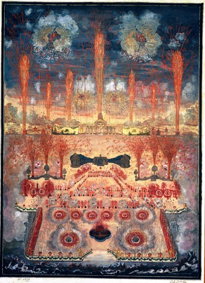 Vuurwerk en verlichting op 16 juni 1744 in Moskou (Rusland). Anoniem werk, aquarel en gouache op karton, midden 18e eeuw. Rococo kunst. State History Museum, Moskou door Unknown artist