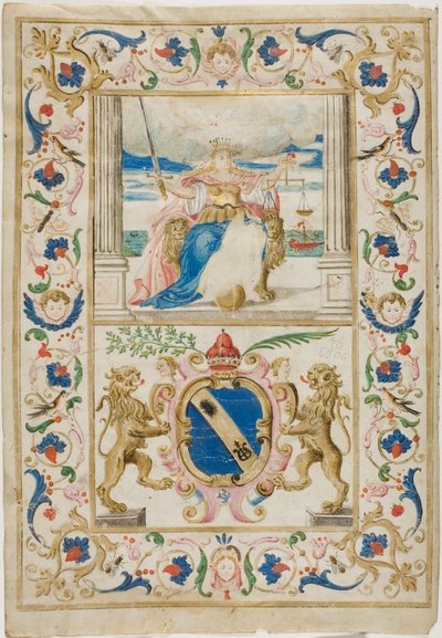 Figuur van Gerechtigheid en Schild met klimmende leeuwen door Unknown artist