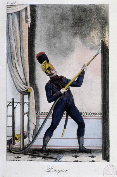 Brandweerman met waterlans, blust een brand - ca. 1830 door Unknown artist