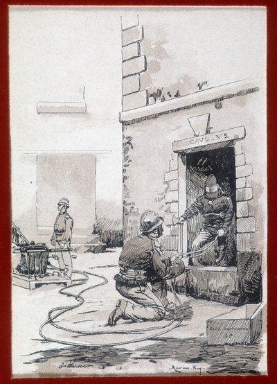 Brandweerlieden: brandapparatuur uit kelders. gravure 19e eeuw door Unknown artist