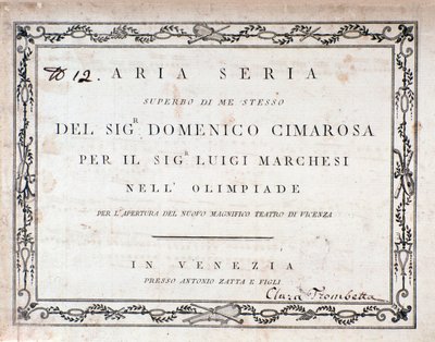Eerste pagina van de partituur van Aria Seria door Domenico Cimarosa door Unknown artist