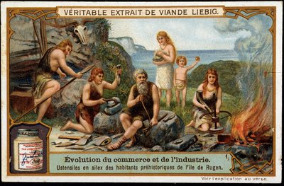 Vuurstenen werktuigen van de prehistorische bewoners van het eiland Rügen - Liebig reclame-etiket door Unknown artist