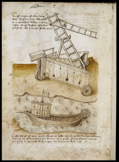 Fortbenadering en schip - Manuscript: perkamentblad van een ingenieurshandboek voor de bouw van civiele, religieuze en militaire gebouwen, anoniem, laat 15e eeuw (figuur in Chinese inkt) door Unknown artist