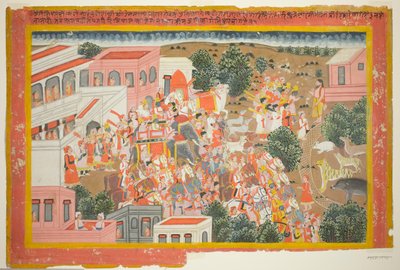 Vier prinsen in processie bezoeken een wijze, pagina uit een kopie van de Ramayana door Unknown artist