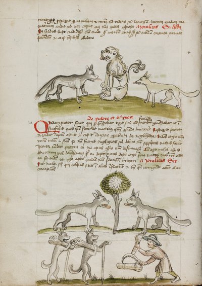 Vos en wolf voor een leeuw; twee wolven onder een boom die balen tarwe slepen; een boer die schoven tarwe bundelt door Unknown artist