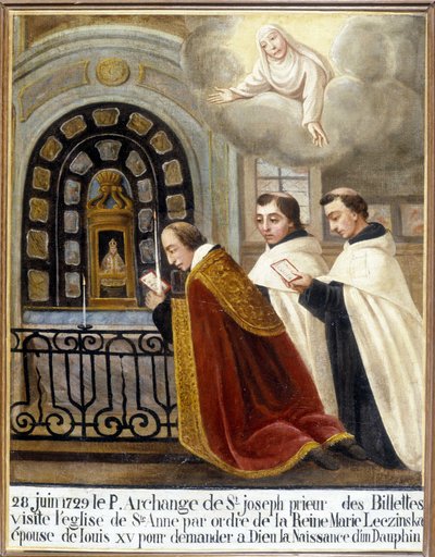 Fr Archangel van St. Joseph, prior van de Billettes, bezoekt de kerk van Sint-Anne in opdracht van koningin Maria Leszczynska, vrouw van Lodewijk XV, om God te vragen om de geboorte van een dolfijn, 28 juni 1729 - Ex-Voto Sainte Anne d