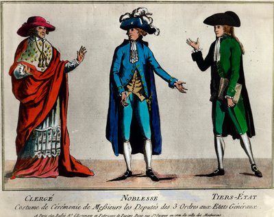 Franse Revolutie: voorstelling van de afgevaardigden van de drie standen in de Staten-Generaal in ceremonieel kostuum: de geestelijkheid, de adel en de derde stand (Derde Stand). Prent uit het einde van de 18e eeuw Privécollectie door Unknown artist