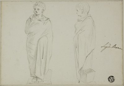 Voor- en zijaanzichten van standbeeld van jongen gekleed in toga door Unknown artist