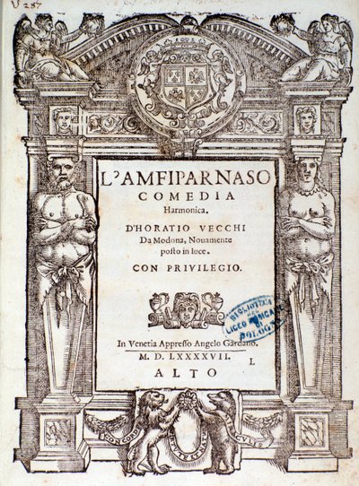 Frontispice van Amfiparnaso madrigaal komedie door Orazio Vecchi door Unknown artist
