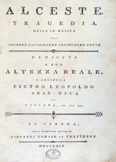 Frontispice van bladmuziek van Alceste, opera van C. W. Gluck door Unknown artist