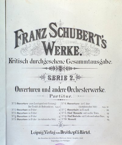 Frontispice van bladmuziek van diverse ouvertures door Franz Schubert door Unknown artist