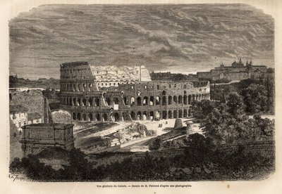 Algemeen zicht op het Colosseum, in Rome, Flavisch amfitheater voltooid in 80, onder het bewind van keizer Titus, met plaats voor maximaal 75.000 mensen, het bleef in gebruik tot de 6e eeuw, symbool van het keizerlijke Rome, gelegen ten oosten van het Rome door Unknown artist