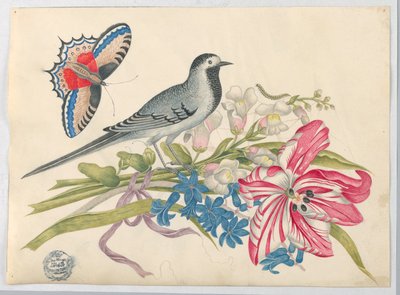 Grijze vogel op tak met tulp, leeuwenbek en vergeet-me-nietjes met vlinder door Unknown artist