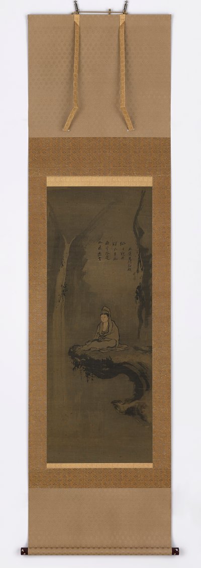 Guanyin, wit gekleed, zittend op een overhangende rots door Unknown artist
