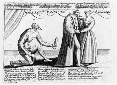 Harlekijn bedrogen. Serie gravures van een stuk gespeeld in Frankrijk tegen het einde van de 16e eeuw over de liefdesongelukken van Harlekijn en Franceschina. door Unknown artist
