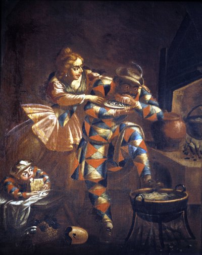 Harlekijn gulzigaard. Hij probeert altijd iets te eten te vangen, symbool van de ellende van voorbije eeuwen. Schilderij 18e eeuw. Milaan door Unknown artist