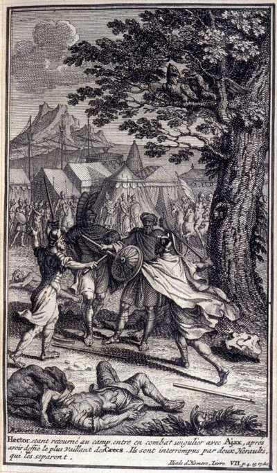 Hector, terugkerend naar het kamp, gaat een enkelgevecht aan met Ajax, na de dapperste van de Grieken te hebben uitgedaagd. Ze worden onderbroken door twee herauten die hen scheiden. Illustratie van boek VII van de Ilias van Homeros, Franse editie door Unknown artist