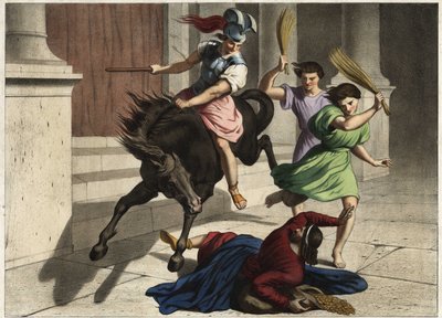 Heliodore (Heliodoros) werd uit de tempel verdreven: op bevel van zijn heerser probeerde hij tevergeefs de schatten van de tempel van Jeruzalem in beslag te nemen. Anonieme gravure uit het midden van de 19e eeuw. door Unknown artist