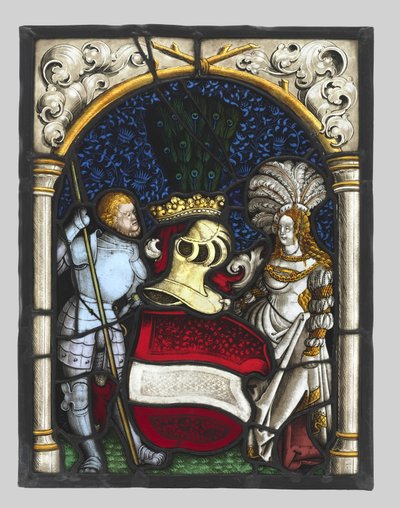 Heraldisch paneel met een ridder en een dame met de wapens van het aartshertogdom Oostenrijk door Unknown artist
