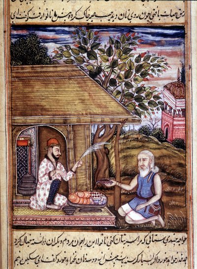 Hindoeïsme: voorstelling van een santon die aalmoezen geeft. Miniatuur uit een 15e-eeuws manuscript. door Unknown artist