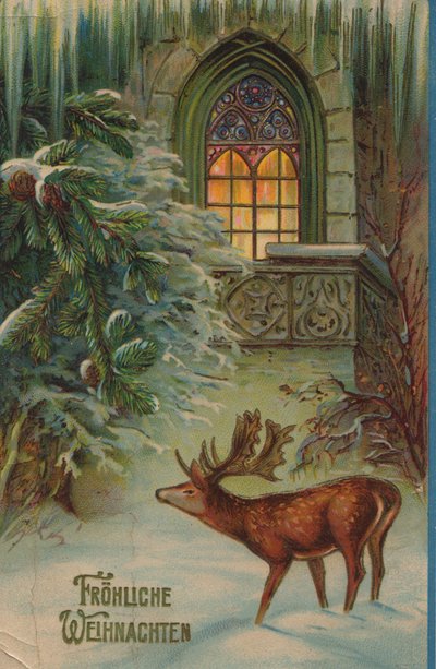 Historische kerstkaart met een wintermotief met hert en kerk door Unknown artist