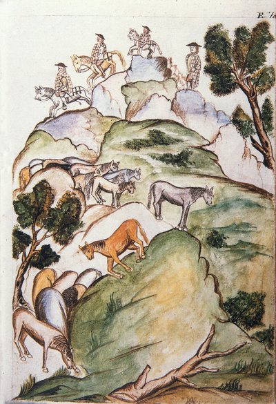 Paardenhoeders omsingelen merries in de bergen om ze te vangen, uit het boek "Trujillo del Peru" of "Códice Martínez Compañón", door Baltazar Martinez Compañón y Bujanda, bisschop van Trujillo (1782-1785) door Unknown artist
