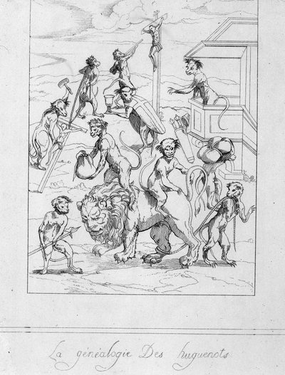 Hugenotengeslacht: karikatuur van protestanten als apen - gravure door Unknown artist