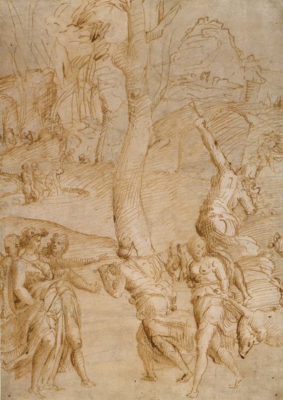 Jachttafereel (recto); twee studies van een paar liggende riviergoden (), een Sarcofaag-voorzijde () verso door Unknown artist