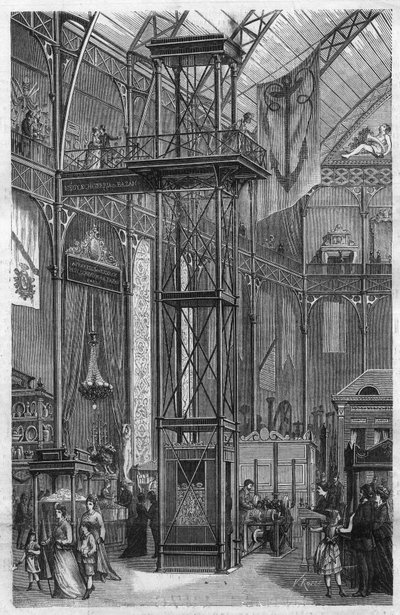 Hydraulische lift uitgevonden door Megy Echeverria en Bazan en tentoongesteld op de Internationale Tentoonstelling van Rivier- en Maritieme Industrieën in het Palais de l