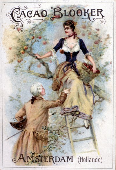 Reclameillustratie voor Blooker cacao die een jongeman in de mode van de 18e eeuw toont die een jonge vrouw helpt van een ladder te komen. door Unknown artist