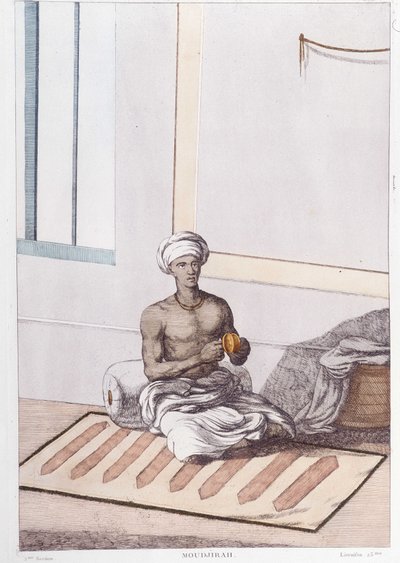 Indiase cultuur, beschaving en samenleving: muzikant met traditionele Indiase percussie. Gravure uit 1808 door Unknown artist