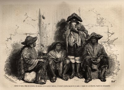 Indianen van Cuzco (Peru), gekleed in de manta, sandalen en traditionele sombrero, werkzaam als arbeiders voor de exploitatie van guano-afzettingen op de Chincha-eilanden, drinkend shisha, maar gefermenteerde brandewijn. Gravure ter illustratie van Les ile door Unknown artist