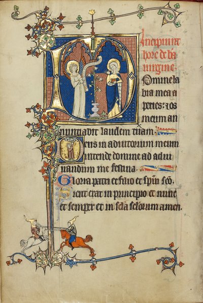 Beginletter D: De Aankondiging; initiaal D: Een jonge man bidt tot Christus in de wolken door Unknown artist