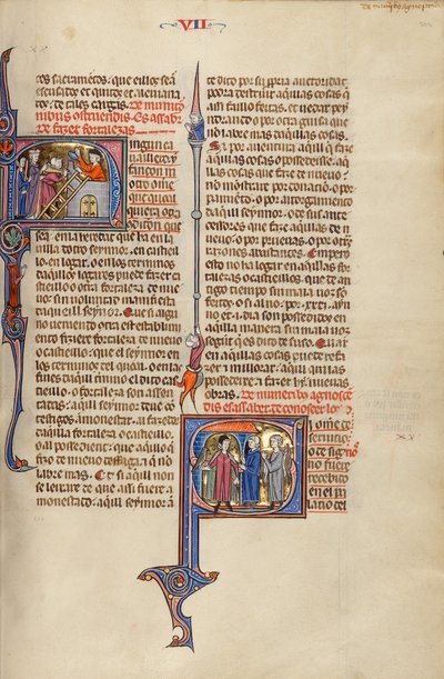 Initial N: Twee mannen bouwen een fort; Initial S: Twee mannen ontmoeten een edelman die een havik draagt door Unknown artist