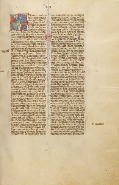 Initial O: Het offer van een lam en een man met een jachtboog door Unknown artist