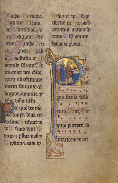 Beginletter P: Een priester en twee diakens voor een altaar door Unknown artist