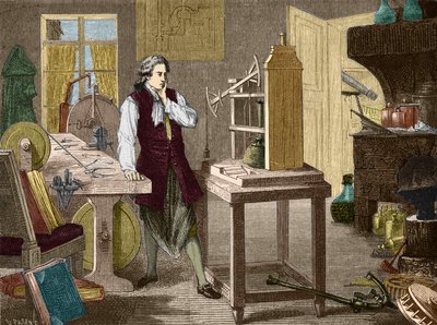 James Watt bestudeert de verbetering van de Newcomen-machine (1767) (stoommachine) - in 