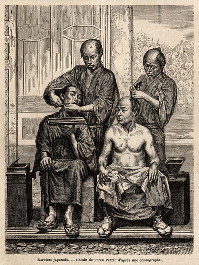 Japanse kappers in hun winkel, een scheert een baard, de ander stylet een man met ontbloot bovenlijf. Gravure ter illustratie van de reis naar Japan, in 1863-1864, door Aime Humbert, minister van de Zwitserse Confederatie, in 