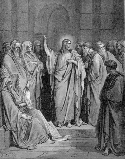 Jezus Christus in de synagoge. Volgens het evangelie volgens Lucas. door Unknown artist